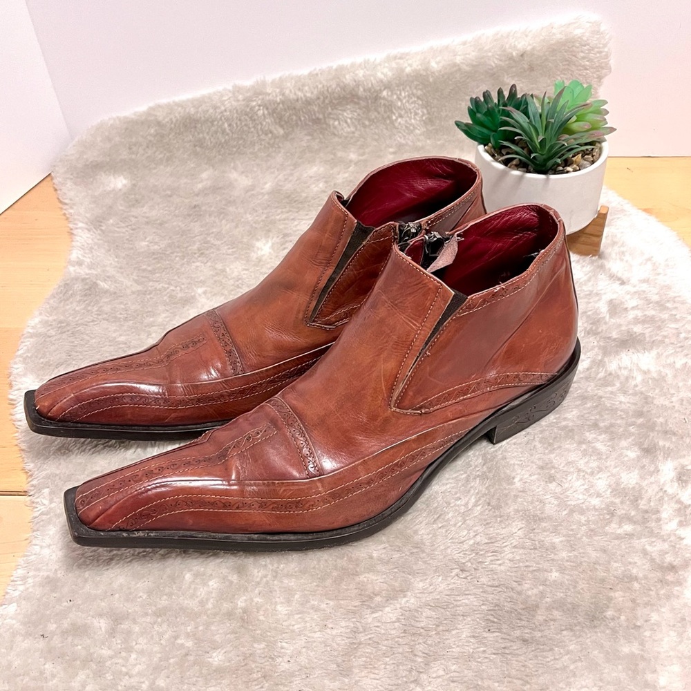 *Jo Ghost | Italian Made Leather Low Ankle Zip Boot in Cognac Size 44EU 11.5US
